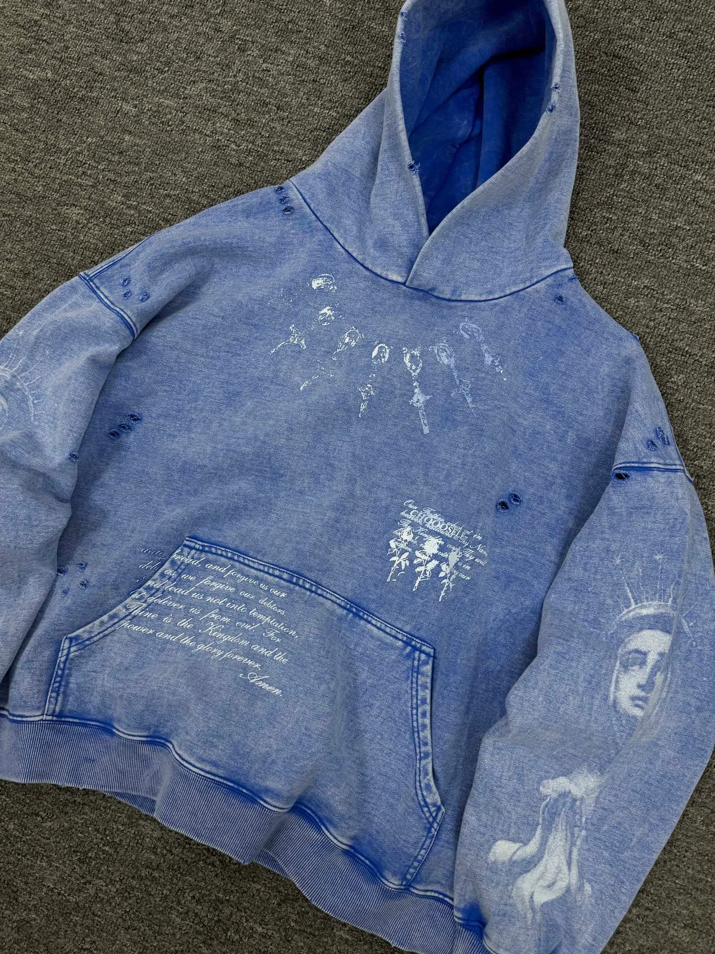 P288 # CHE-08 Saint Maria Limited Loose Portrait Washed Distressed Hooded Sweatshirt Customized heavyweight pure cotton fabric Thermoset ink printing Multi-position manual destruction process Assute yeast mill wash water natural fading effect Size: S M L XL
